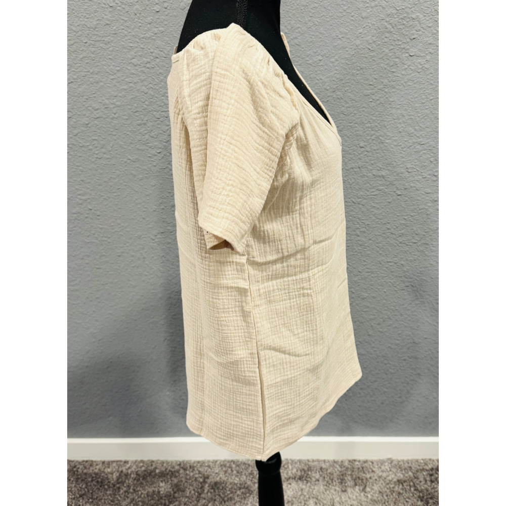 Casual Puff-Sleeve Textured V-Neck Top, Size M, Beige - Picture 3 of 6